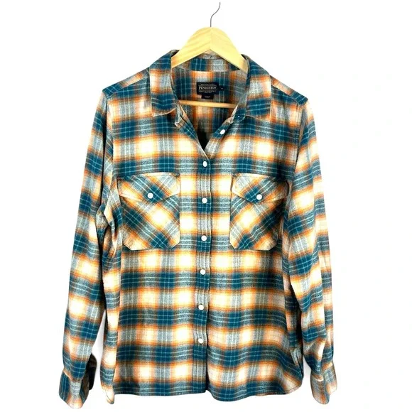 Pendleton Madison Double Brushed Flannel Blue Orange Button Shirt Womens Sz XL - Picture 2 of 6